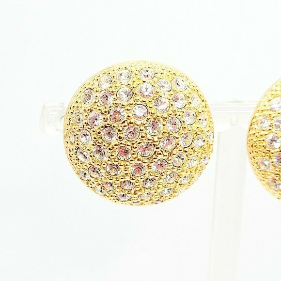Pave Set Crystal & Gold Tone Clip On Button Earrings Very Sparkly "Video Clip" - Picture 4 of 9